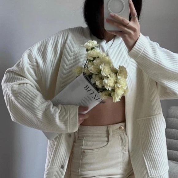 Zara jacket coat bomber overcoat cream ribbed casual fall lightweight - Picture 3 of 10